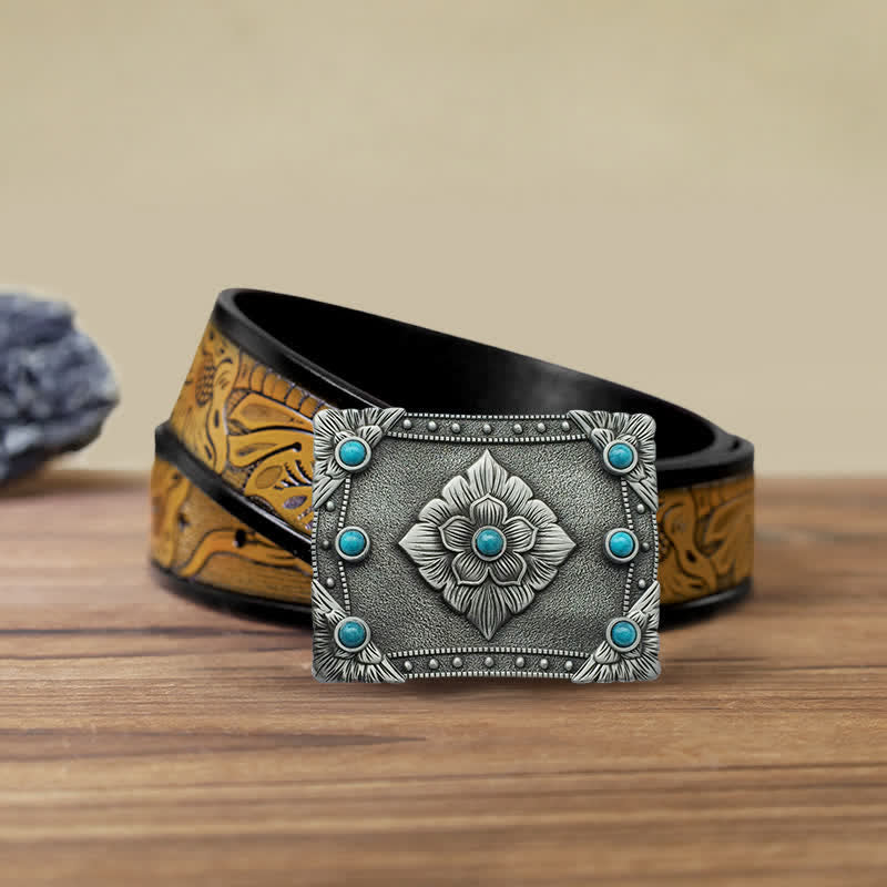 Men's DIY Western Turquoise Rectangular Buckle Leather Belt