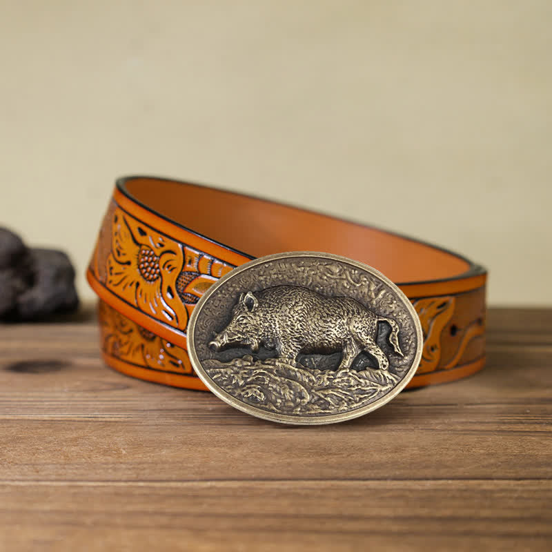 Men's DIY Hunter Wild Boar Buckle Leather Belt