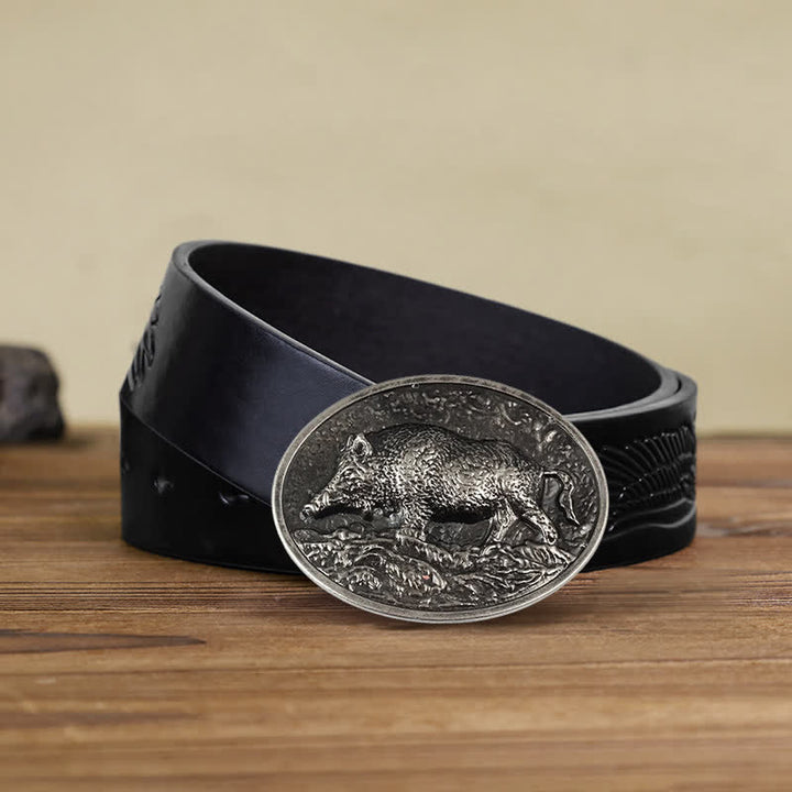 Men's DIY Hunter Wild Boar Buckle Leather Belt