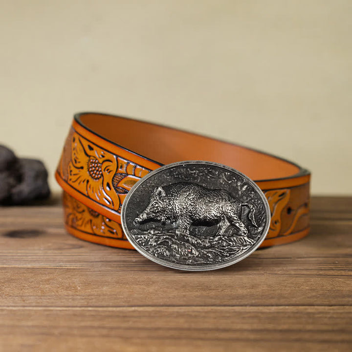 Men's DIY Hunter Wild Boar Buckle Leather Belt