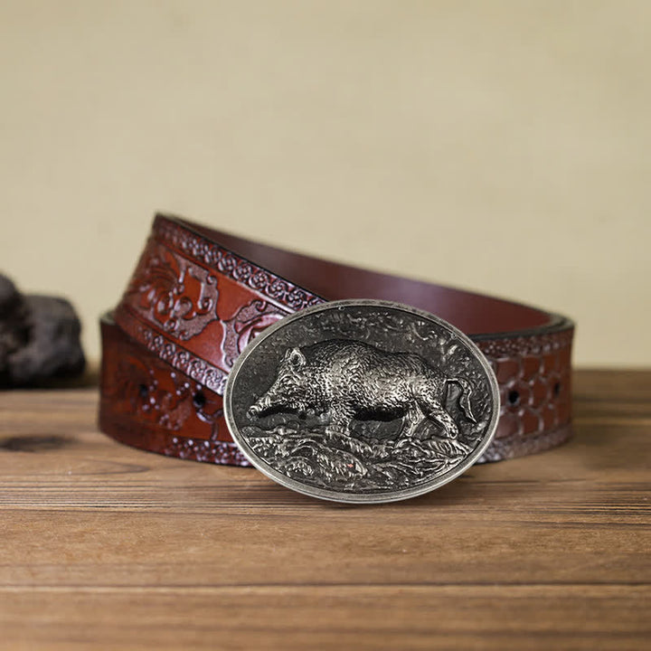 Men's DIY Hunter Wild Boar Buckle Leather Belt