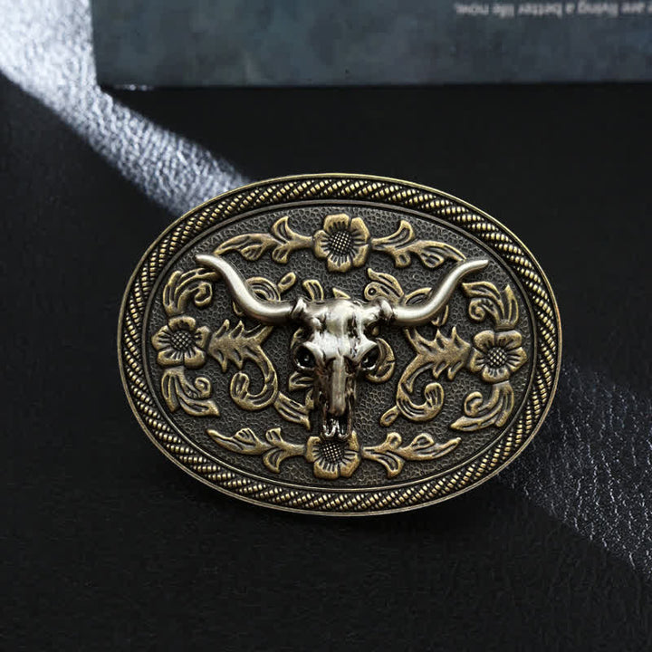 Men's DIY Bull Head Flower Carving Buckle Leather Belt