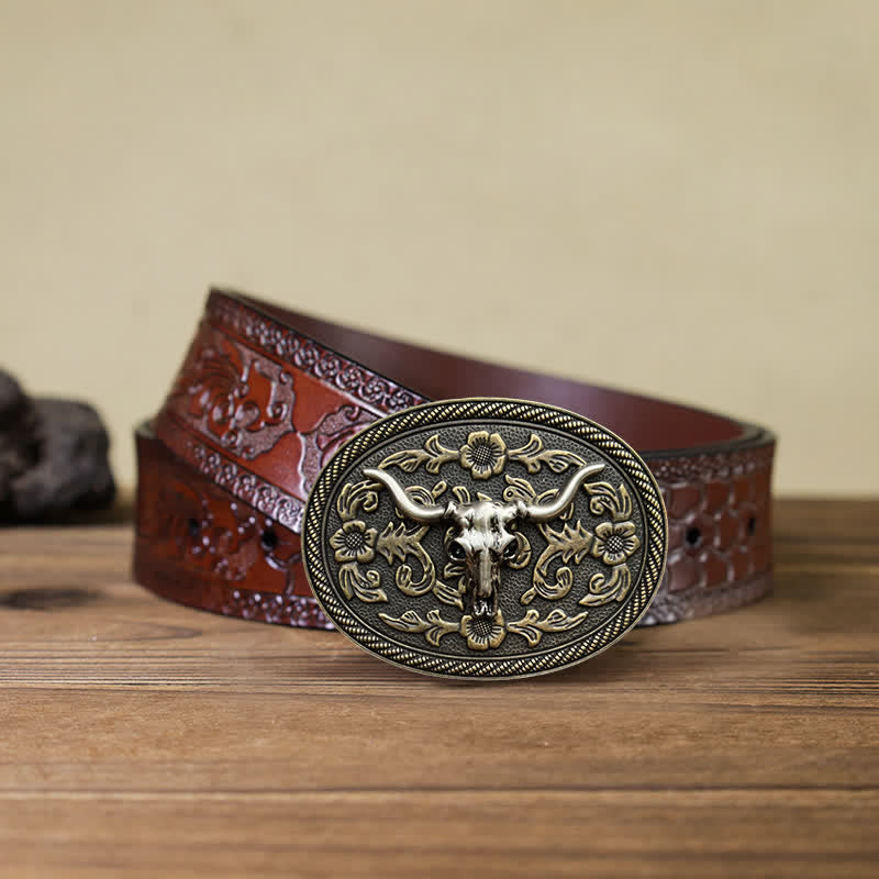 Men's DIY Bull Head Flower Carving Buckle Leather Belt