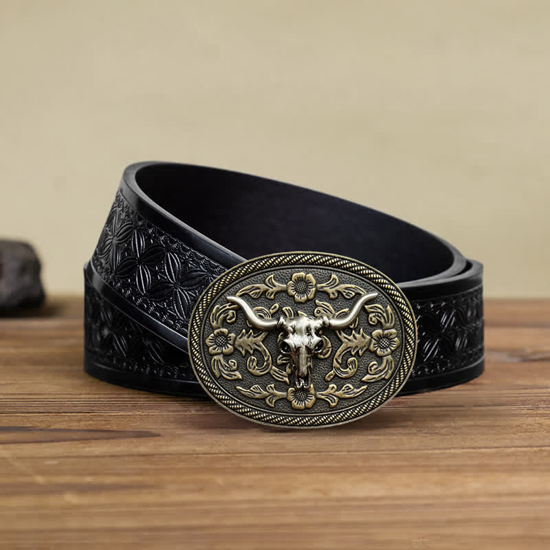 Men's DIY Bull Head Flower Carving Buckle Leather Belt