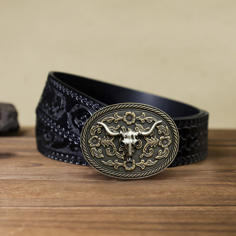 Men's DIY Bull Head Flower Carving Buckle Leather Belt