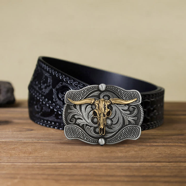 Men's DIY Texas Longhorn Bull Buckle Leather Belt