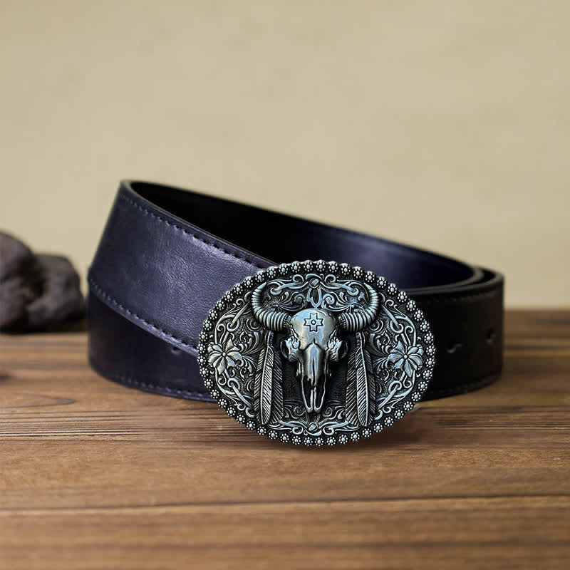 Men's DIY Bull Ethnic Feather Decor Buckle Leather Belt