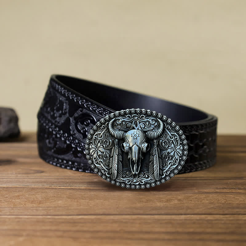 Men's DIY Bull Ethnic Feather Decor Buckle Leather Belt