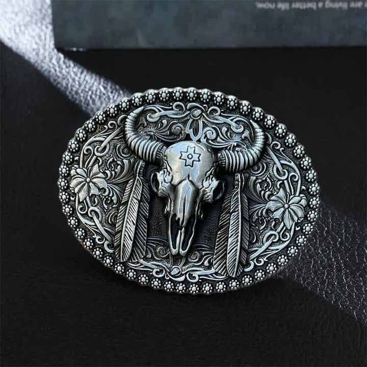 Men's DIY Bull Ethnic Feather Decor Buckle Leather Belt