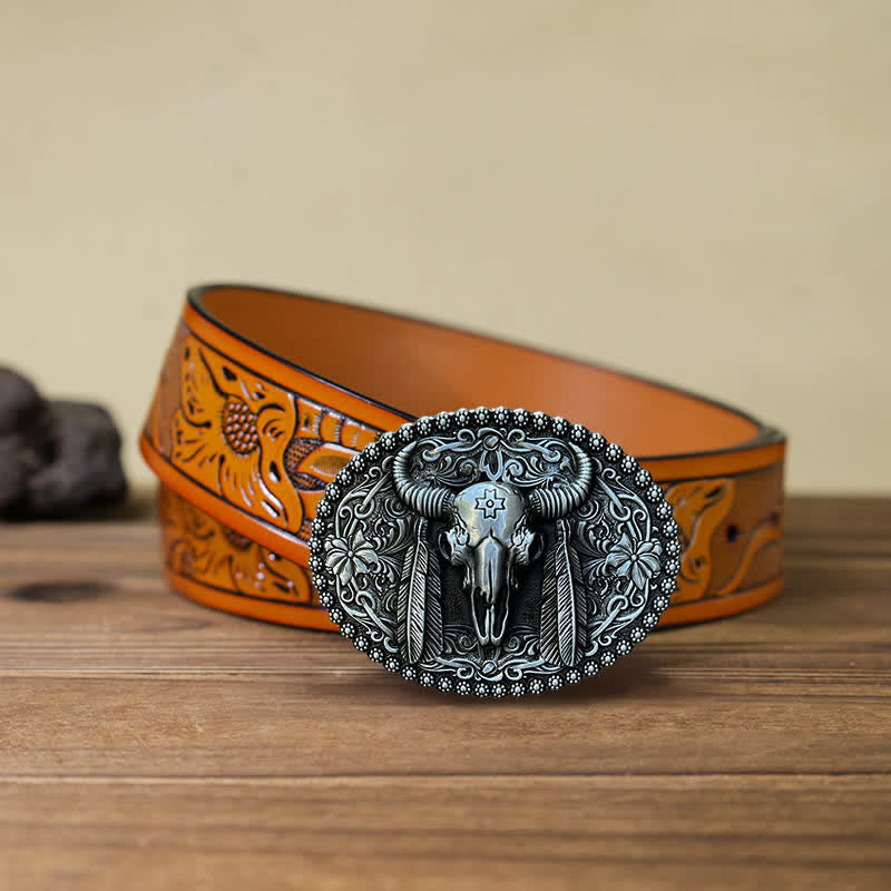 Men's DIY Bull Ethnic Feather Decor Buckle Leather Belt