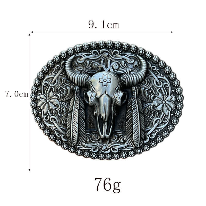 Men's DIY Bull Ethnic Feather Decor Buckle Leather Belt