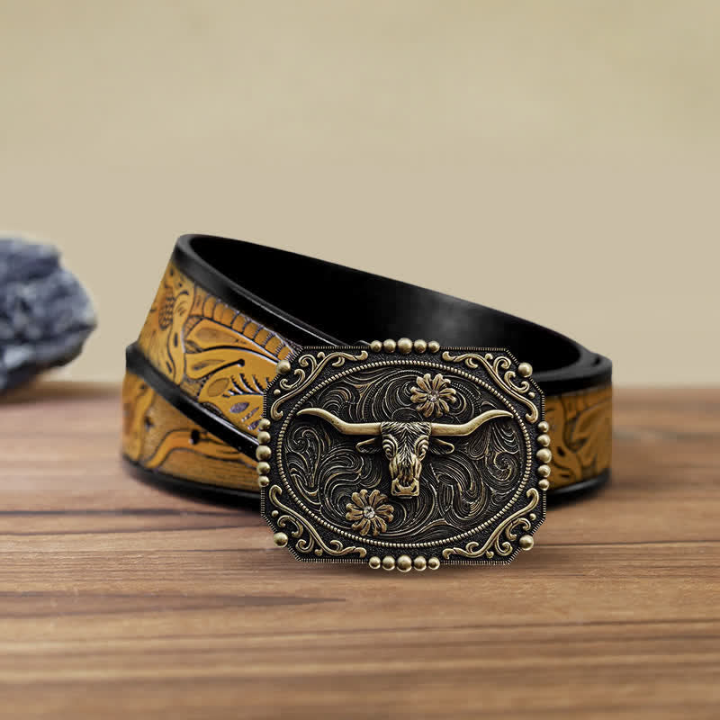 Men's DIY Bull Floral Rhinestone Buckle Leather Belt