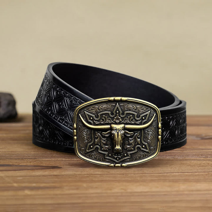 Men's DIY Raised Longhorn Bull Buckle Leather Belt