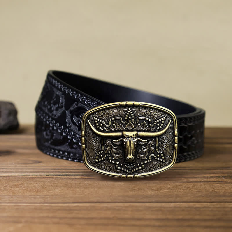 Men's DIY Raised Longhorn Bull Buckle Leather Belt