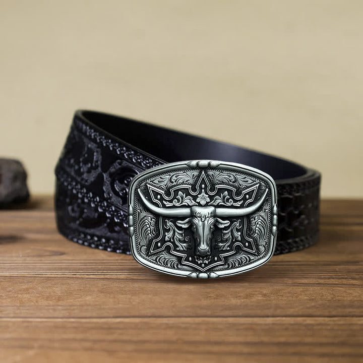 Men's DIY Raised Longhorn Bull Buckle Leather Belt