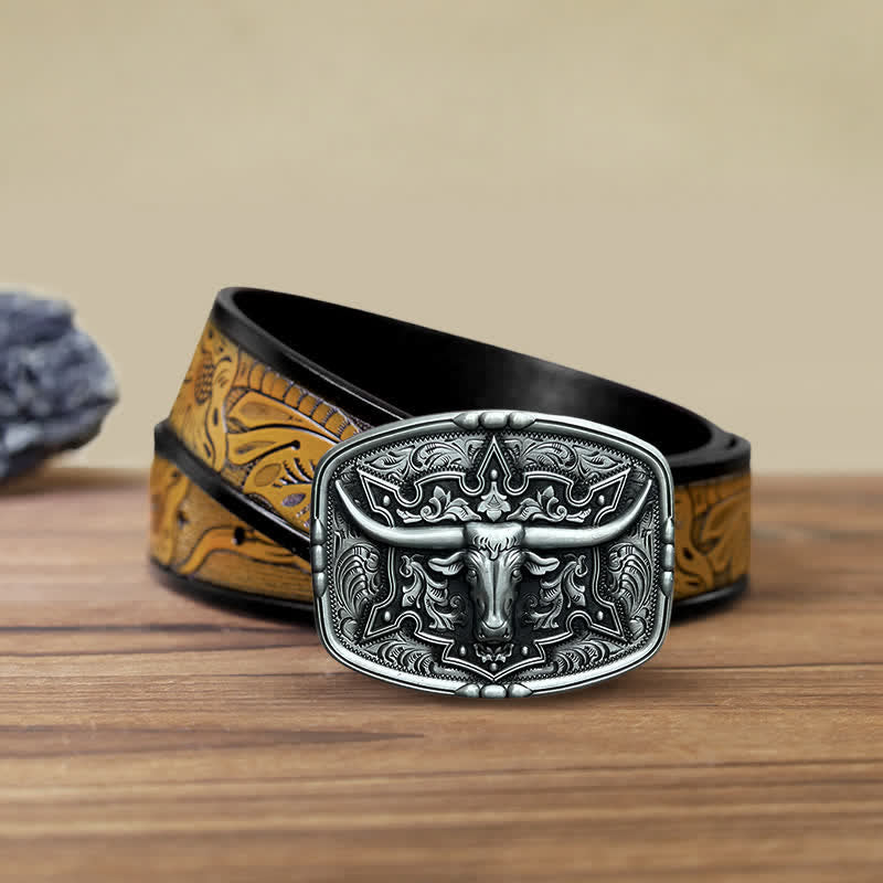 Men's DIY Raised Longhorn Bull Buckle Leather Belt