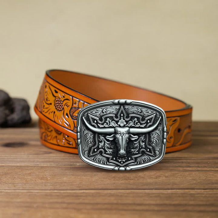 Men's DIY Raised Longhorn Bull Buckle Leather Belt