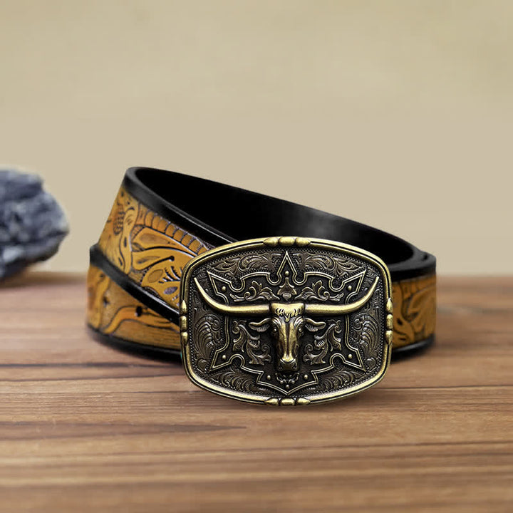 Men's DIY Raised Longhorn Bull Buckle Leather Belt