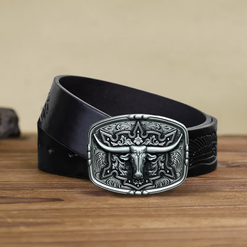 Men's DIY Raised Longhorn Bull Buckle Leather Belt