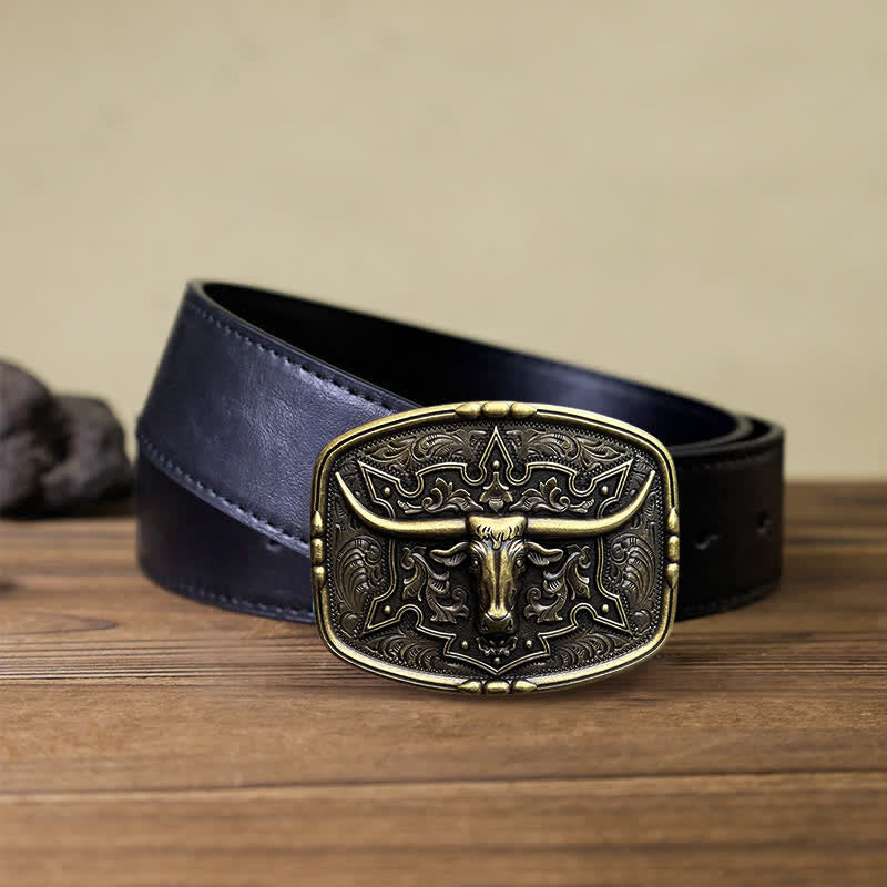 Men's DIY Raised Longhorn Bull Buckle Leather Belt