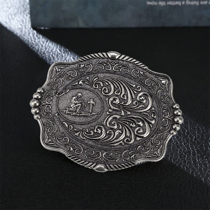 Men's DIY Religious Cross Pattern Buckle Leather Belt