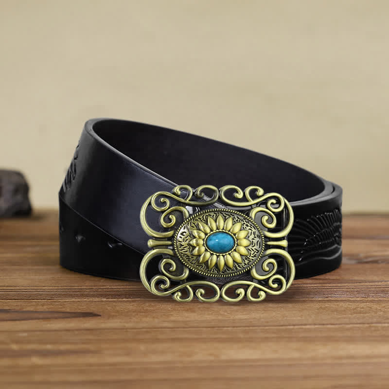 Men's DIY Antique Brass Turquoise Hollow Buckle Leather Belt