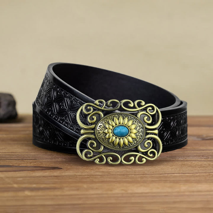 Men's DIY Antique Brass Turquoise Hollow Buckle Leather Belt