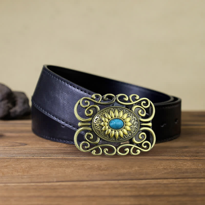 Men's DIY Antique Brass Turquoise Hollow Buckle Leather Belt