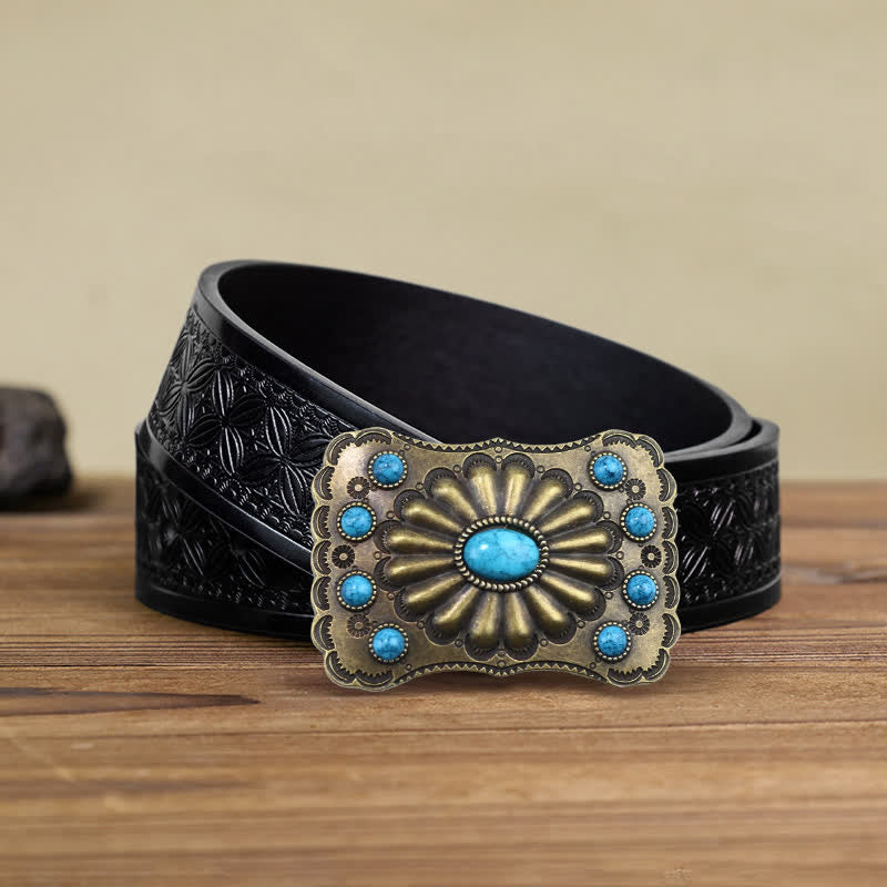 Men's DIY Western Turquoise Stone Rectangle Buckle Leather Belt