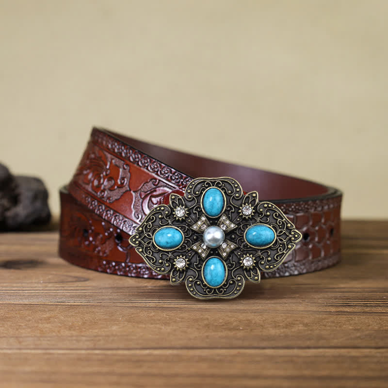 Men's DIY Decorative Stunning Turquoise Buckle Leather Belt