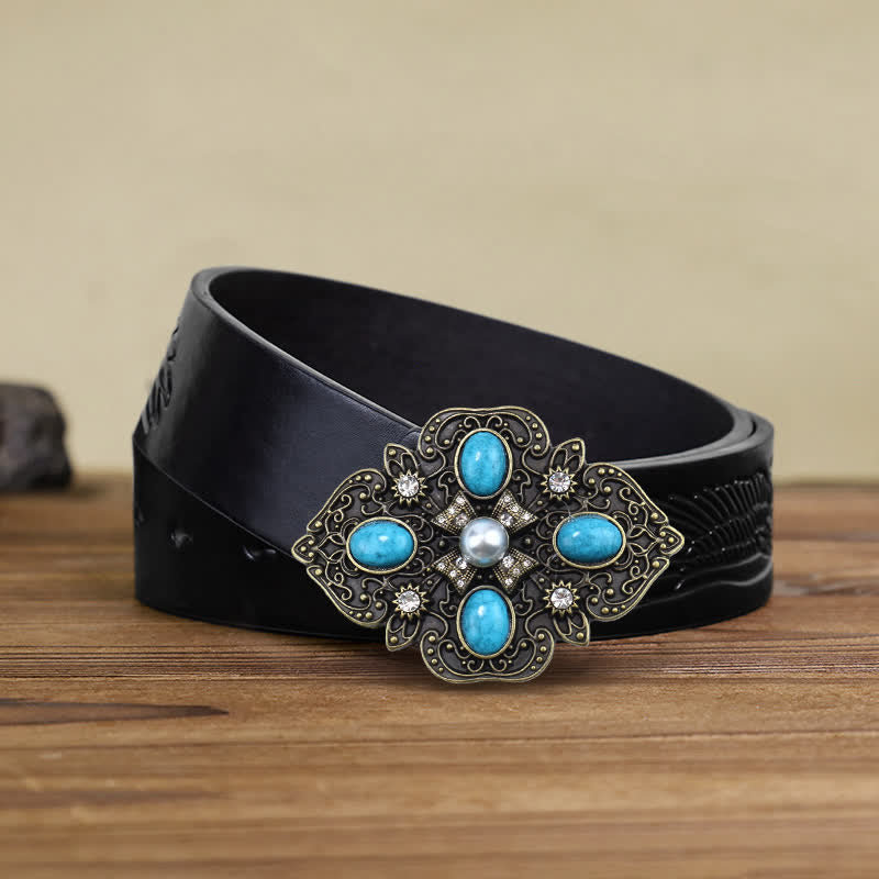 Men's DIY Decorative Stunning Turquoise Buckle Leather Belt