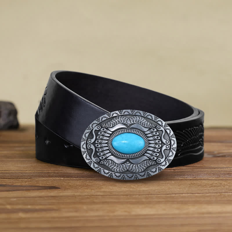 Men's DIY Indian Shield Turquoise Buckle Leather Belt