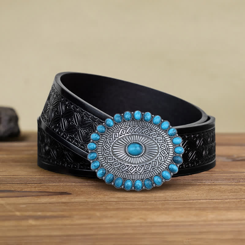 Men's DIY Oval Bohemia Turquoise Buckle Leather Belt