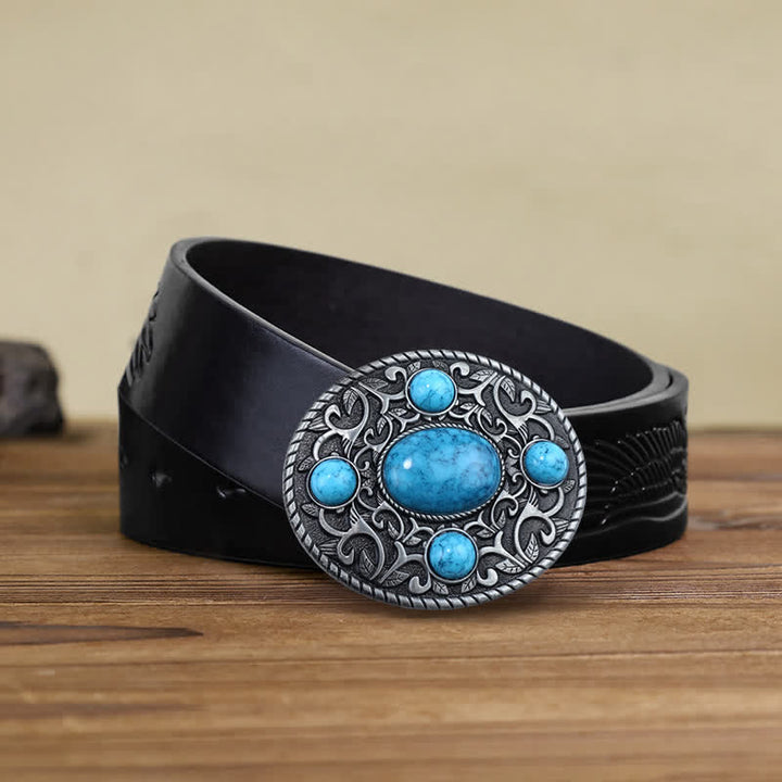 Men's DIY Western Cowboy Turquoise Buckle Leather Belt