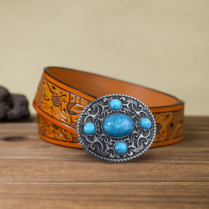 Men's DIY Western Cowboy Turquoise Buckle Leather Belt