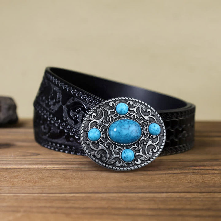 Men's DIY Western Cowboy Turquoise Buckle Leather Belt