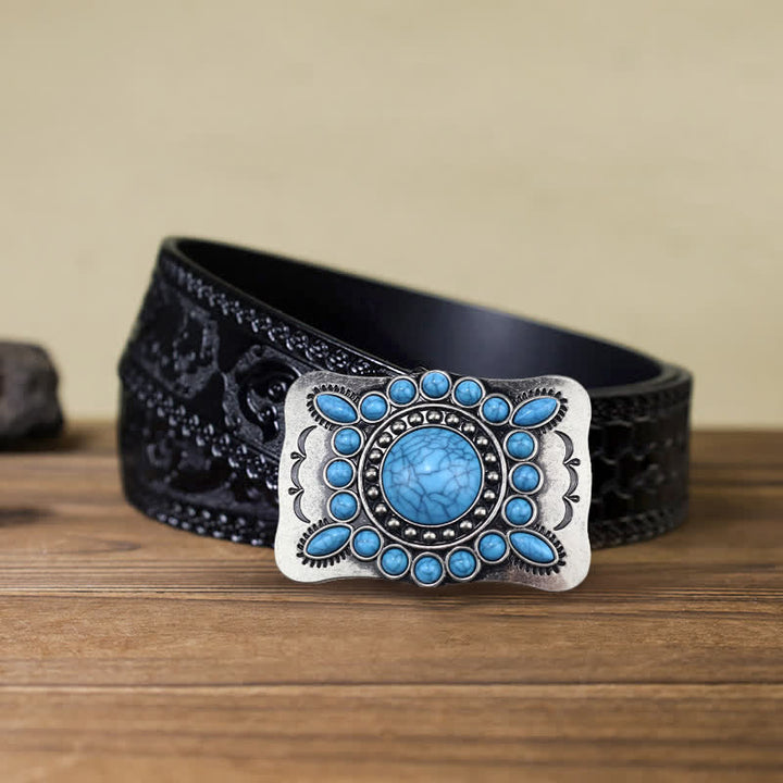 Men's DIY Rectangular Turquoise Stone Buckle Leather Belt