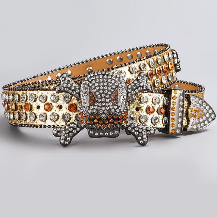 Skull Head Crystal Rhinestone Studded Leather Belt