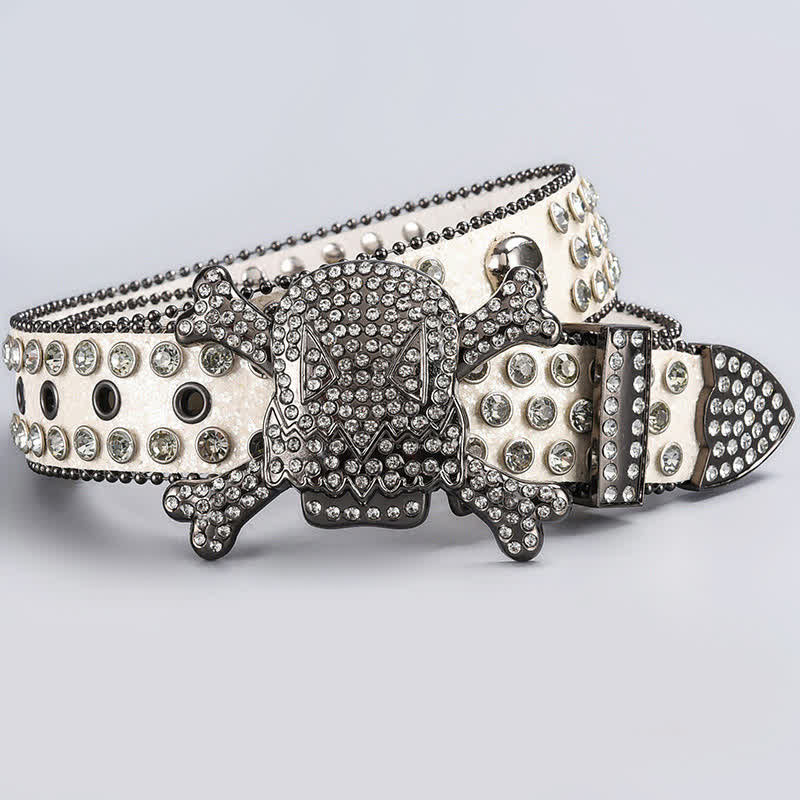 Skull Head Crystal Rhinestone Studded Leather Belt