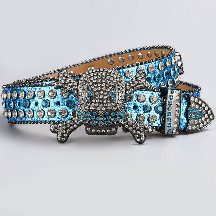 Skull Head Crystal Rhinestone Studded Leather Belt