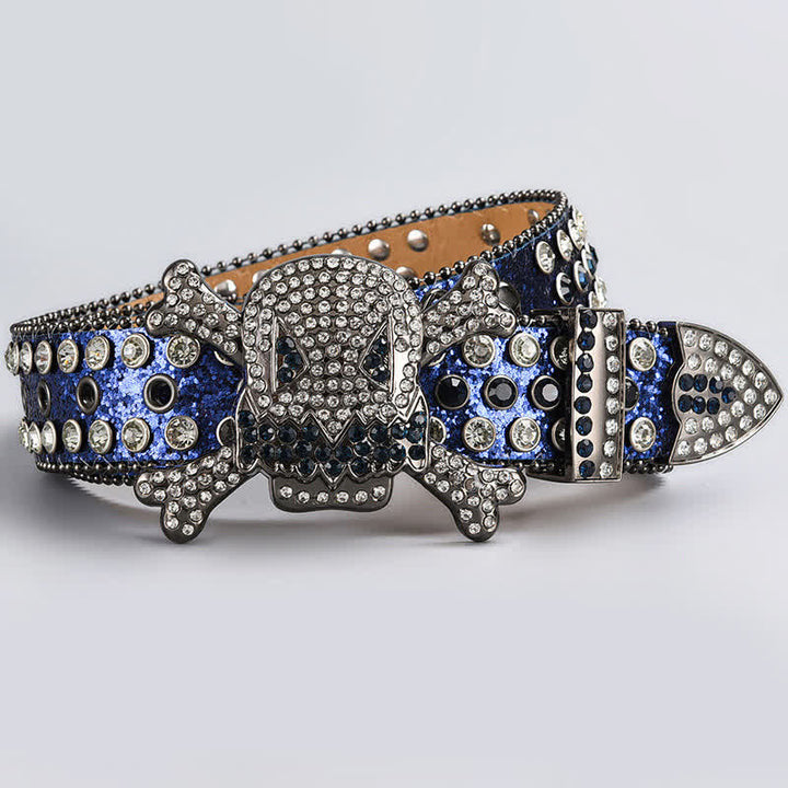 Skull Head Crystal Rhinestone Studded Leather Belt