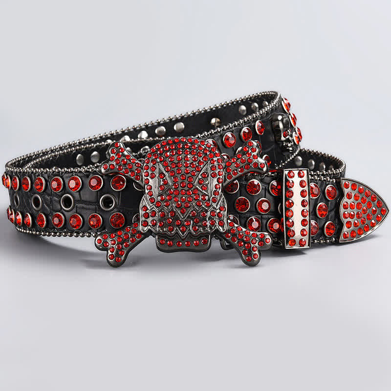 Skull Head Crystal Rhinestone Studded Leather Belt