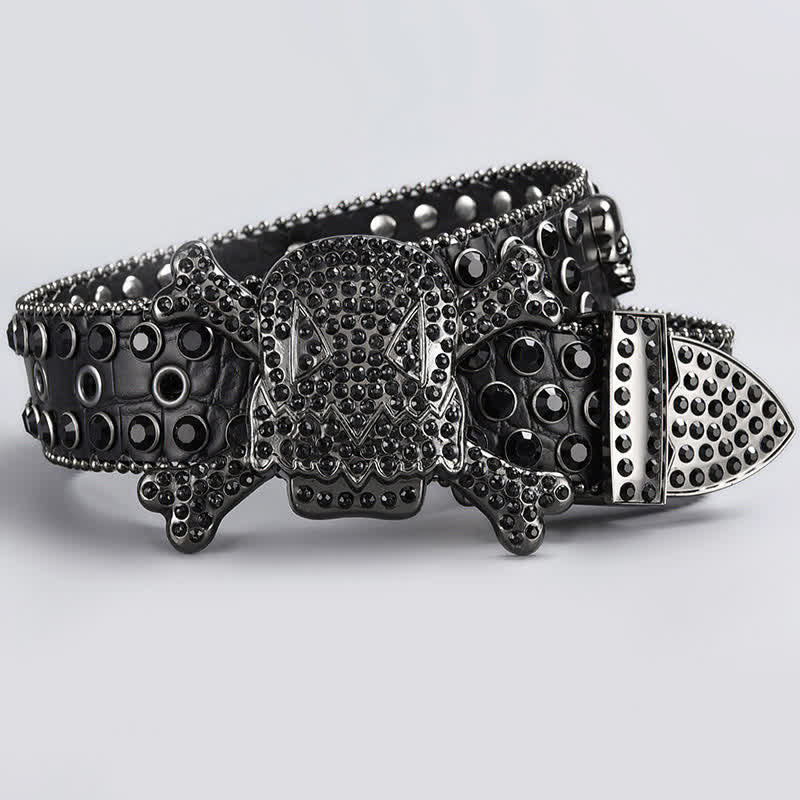 Skull Head Crystal Rhinestone Studded Leather Belt