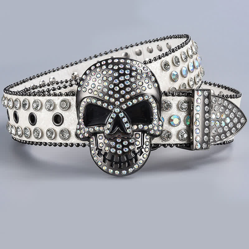 Punk Death Ghost Rhinestone Beaded Leather Belt