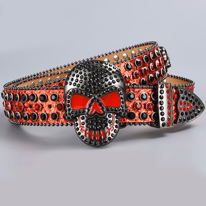 Punk Death Ghost Rhinestone Beaded Leather Belt