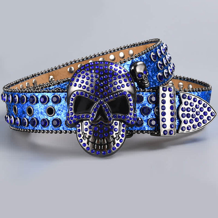 Punk Death Ghost Rhinestone Beaded Leather Belt