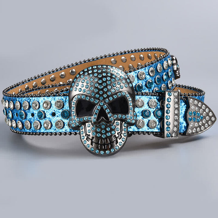 Punk Death Ghost Rhinestone Beaded Leather Belt