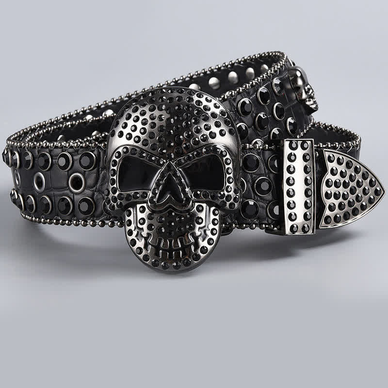 Punk Death Ghost Rhinestone Beaded Leather Belt