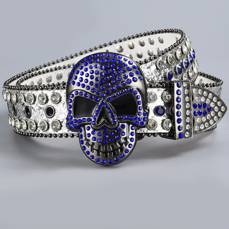 Punk Death Ghost Rhinestone Beaded Leather Belt