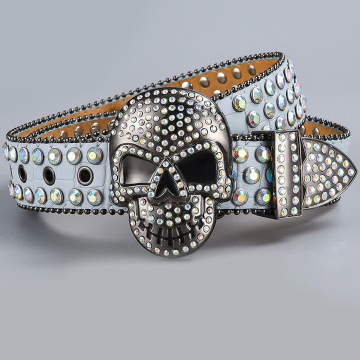 Punk Death Ghost Rhinestone Beaded Leather Belt